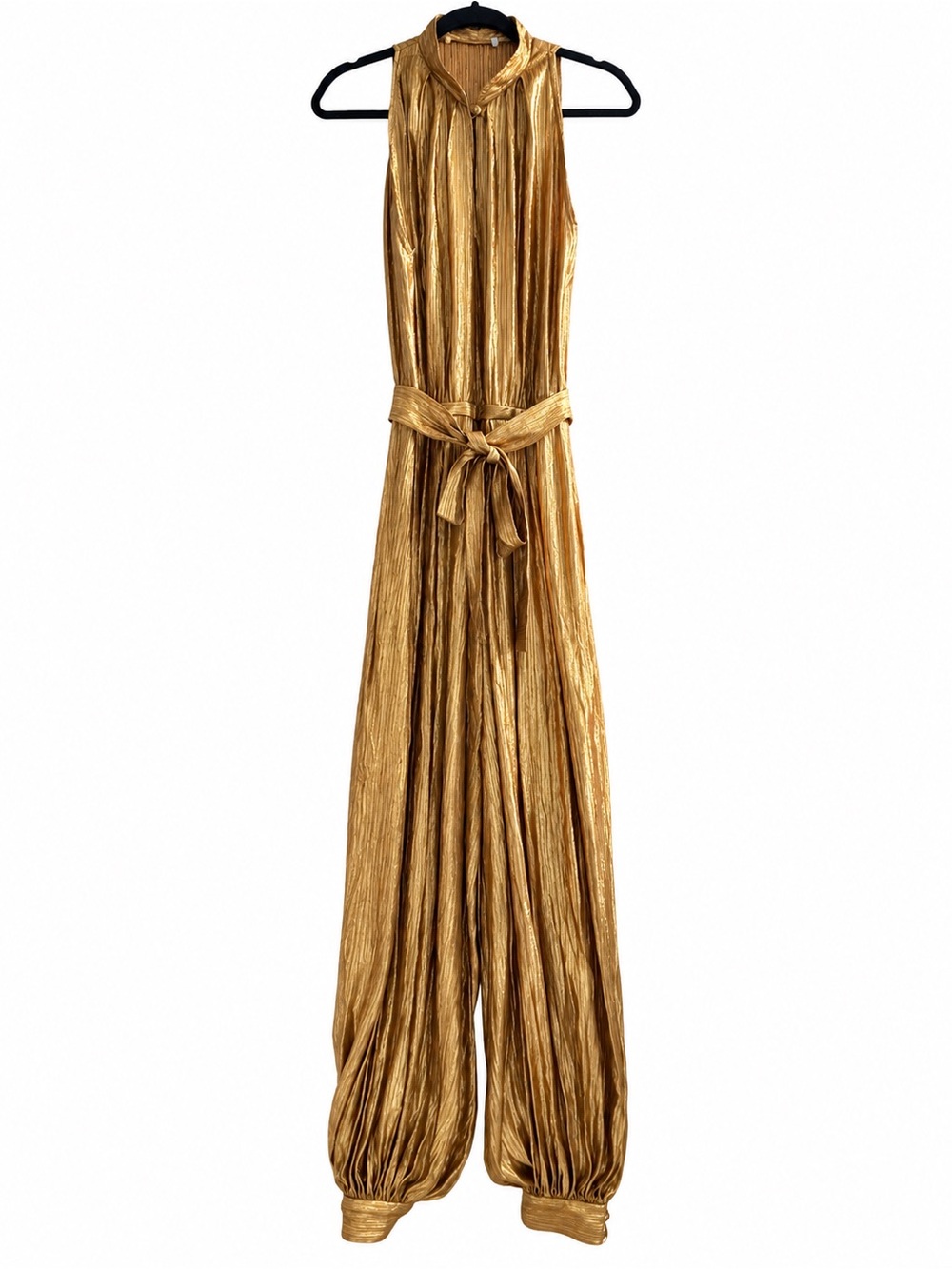 Gold Metallic Pleated Jumpsuit Women’s Sleeveless Halter Wide Leg Tie Waist S